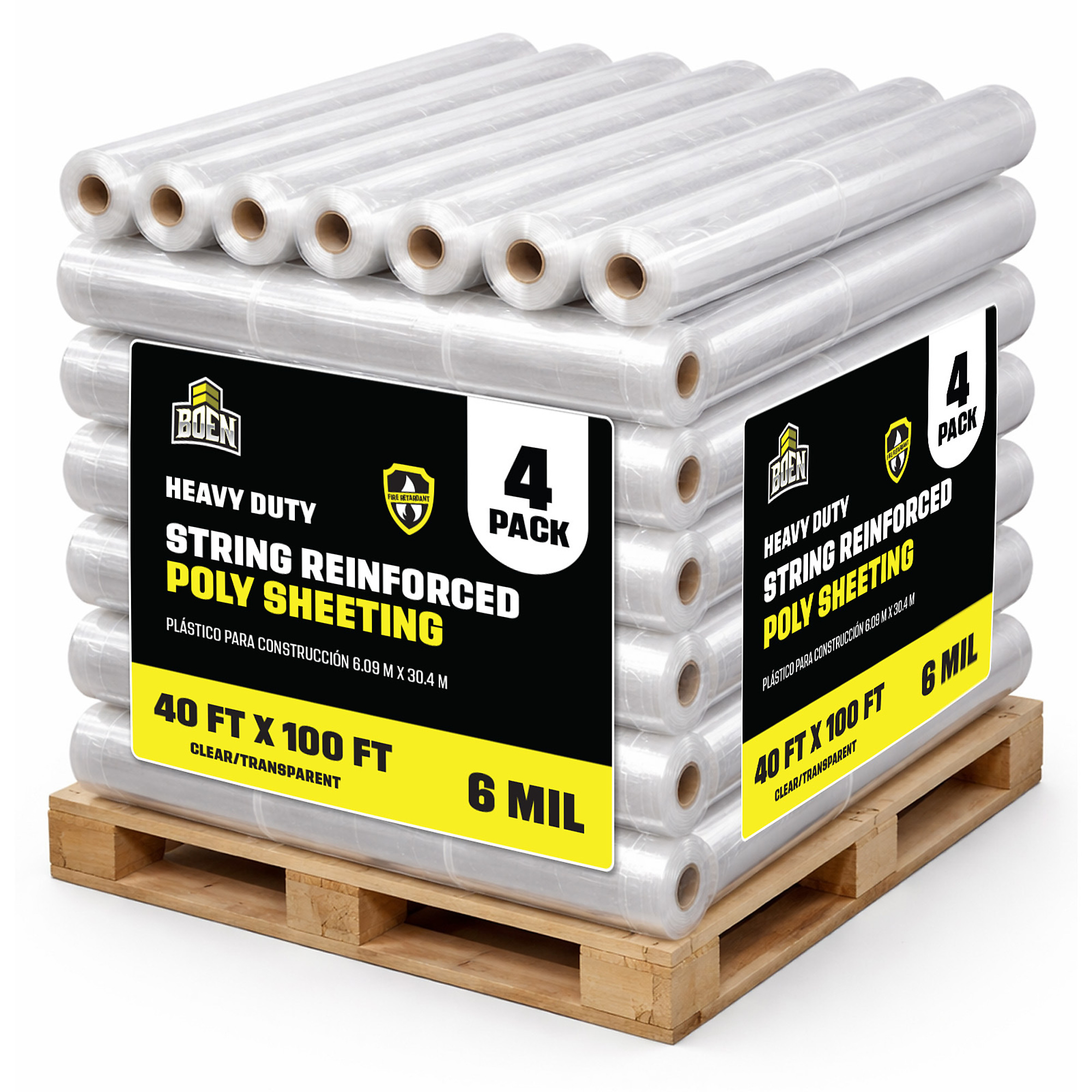 Boen Fire Retardant String Reinforced Plastic Sheeting 40 ft x 100 ft, 4-Pack, 6 Mil Heavy-Duty for Dust Containment, Vapor Barrier & Jobsite Protection